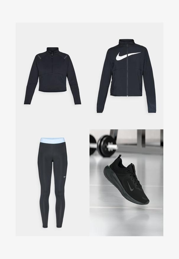Crna sportska jakna s punim patentnim zatvaračem, visokim ovratnikom, dugim rukavima i velikim bijelim Nike swoosh logom preko grudi.; Tamno plavi sportski pulover sa visokim ovratnikom, zatvaranjem na zip i dugim rukavima. Ima kontrastne panele na ramenima i kroj u obliku kratkog gornjeg dijela.; Crne sportske tajice s svijetloplavim pojasom na kojem je tekst "NIKE PRO"; glatka tekstura i uski kroj. Bijeli Nike logo s lijeve strane.; Crna sportska tenisica s Nike logotipom, prikazana u zraku na podu teretane, s mutnom stalcem za bučice u pozadini.