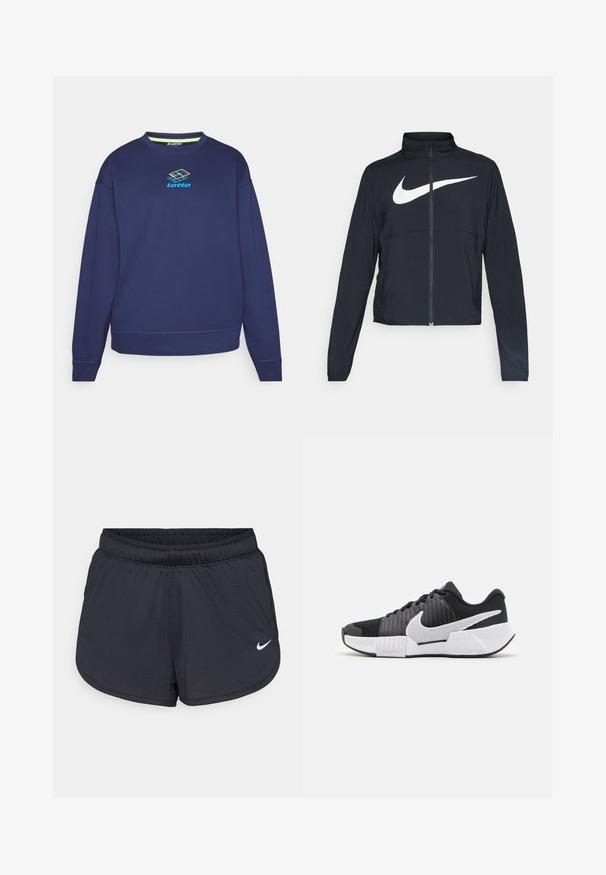Černá sportovní bunda na zip s vysokým límcem, dlouhými rukávy a velkým bílým logem Nike swoosh přes prsa.; Námořnická modrá mikina z bavlněné směsi, s kulatým výstřihem, dlouhými rukávy a duhovým logem Lotto uprostřed.; Černé atletické šortky s elastickým pasem, sportovním designem a bílým logem Nike na spodní přední straně. Texturovaná látka.; Černobílé sportovní boty se strukturovaným svrškem, výrazným logem Nike a kontrastním designem podešve pro lepší přilnavost a stabilitu.