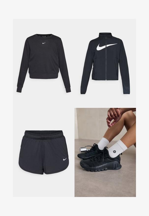 Giacca sportiva nera con zip completa, colletto alto, maniche lunghe e grande logo swoosh bianco Nike sul petto.; Felpa nera cropped con maniche lunghe, polsini e orlo a costine, caratterizzata da un piccolo logo Nike bianco centrato sul petto. Tessuto morbido.; Pantaloncini sportivi neri con cintura elastica, caratterizzati da un design sportivo e un logo Nike bianco sulla parte anteriore inferiore. Tessuto strutturato.; Scarpe da ginnastica nere con tessuto texturizzato, design con lacci e suola prominente, abbinate a calze bianche a coste con un piccolo logo.
