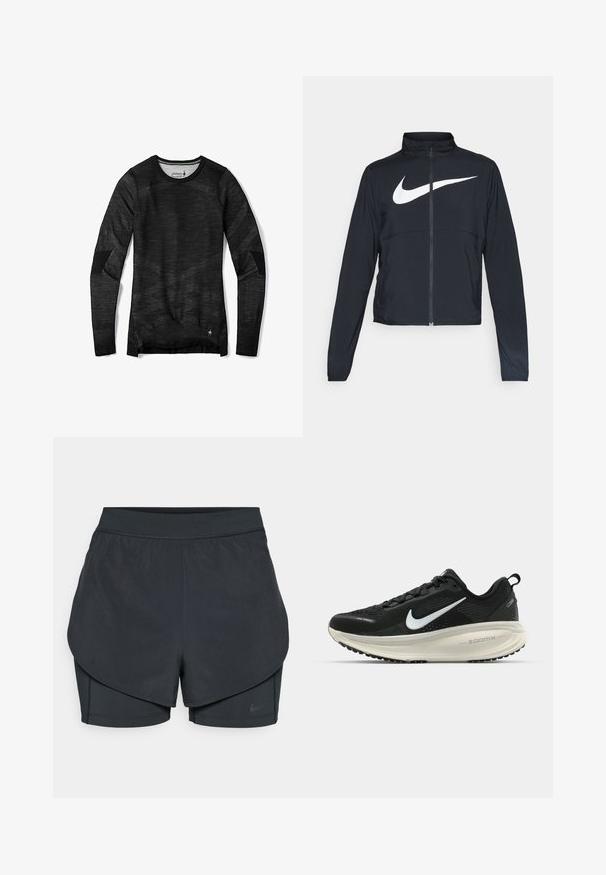 Schwarze Sportjacke mit vollem Reißverschluss, hohem Kragen, langen Ärmeln und großem weißen Nike-Swoosh-Logo auf der Brust.; Langärmliges schwarzes Shirt aus strukturiertem Material, mit Rundhalsausschnitt, gemustertem Stoff und verstärkten Ellbogenpatches.; Schwarze sportliche Shorts mit einem geschichteten Design, das eine glatte äußere Schicht und eng anliegende innere Shorts umfasst. Hergestellt aus leichtem, dehnbarem Material.; Schwarzer Nike-Laufschuh mit atmungsaktivem Mesh-Obermaterial, weißem Swoosh-Logo, strukturierten Details und einer cremefarbenen ZoomX-Zwischensohle.