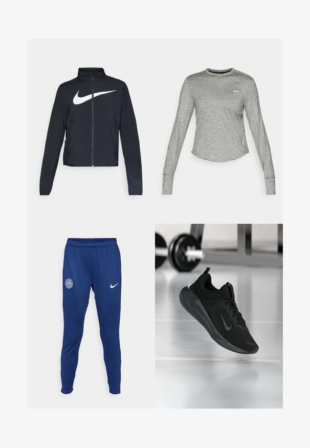 Fekete, teljes cipzáros sportdzseki magas gallérral, hosszú ujjal, amelyen egy nagy, fehér Nike logó található a mellkason.; Szürke, hosszú ujjú sportpóló texturált, könnyű anyagból. Kerekített alsó peremmel és kis fehér logóval rendelkezik a bal mellen.; Sötétkék sportnadrág sima anyagból. Fehér Nike logóval és kerek csapat emblémával a bal combon. Rugalmas derékpánt.; Fekete sportcipő Nike logóval, amely a levegőben látható az edzőterem padlóján, a háttérben elmosódott kézi súlyzó állvánnyal.