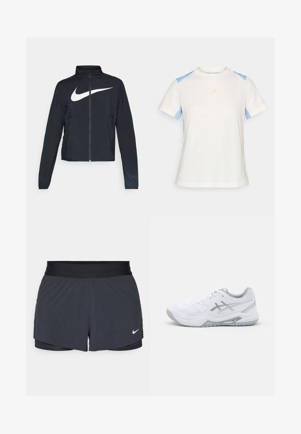 Musta urheilutakki, jossa on täysivetoketju, korkea kaulus, pitkät hihat ja suuri valkoinen Nike-tikkauksella rintaosa.; Kevyt lyhythihainen t-paita vaaleassa sävyssä, jossa on siniset olkapaneelit. Rinnassa oranssi logo ja kontrastiväriset ompeluyksityiskohdat.; Mustat urheilushortsit, joissa on joustava vyötärö. Shortseissa on kerroksellinen muotoilu ja pieni valkoinen Nike-logo vasemmassa alareunassa. Kevyt materiaali.; Valkoinen urheilukenkä, jossa on verkkokangasta ja synteettisiä materiaaleja, harmaat yksityiskohdat ja nauhat, teksturoitu pohja, kaareva muotoilu ja logoyksityiskohta.