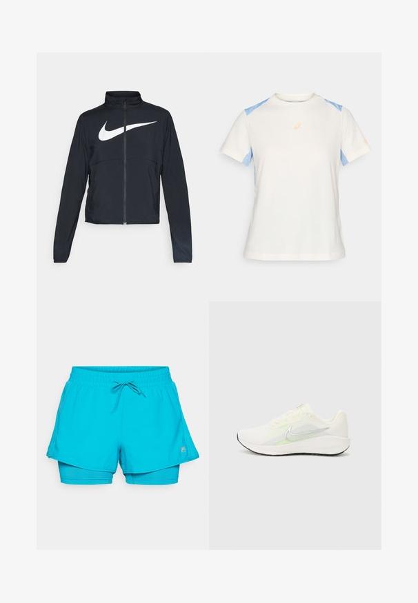Črna športna jakna z polnim zadrgo, visokim ovratnikom, dolgimi rokavi in velikim belim logotipom Nike swoosh čez prsi.; Lahka kratka majica s kratkimi rokavi v kremni barvi z modrima ramenoma. Videz vključuje oranžni logotip na prsih in kontrastne šive.; Akvamarinske atletske hlače s vrvico v pasu, z večplastnim dizajnom in notranjimi prilagodljivimi hlačami, narejene iz lahkotnega, raztegljivega materiala.; Nike Performance DOWNSHIFTER 13 - Tekaški copati za cesto - sail/silver-coloured photon dust/summit white/barely volt/black
