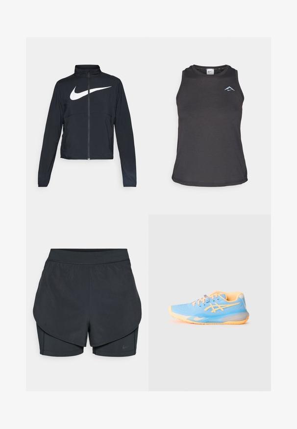 Black full-zip sports jacket with high collar, long sleeves, and large white Nike swoosh logo across the chest.; Black athletic tank top with a round neckline, featuring a small blue logo on the chest and smooth, lightweight fabric.; Black athletic shorts with a layered design, featuring a smooth outer layer and fitted inner shorts. Made of lightweight, stretch fabric.; Light blue athletic shoe with orange accents; mesh upper, round toe, and textured sole for grip. Features branded detailing and laces.