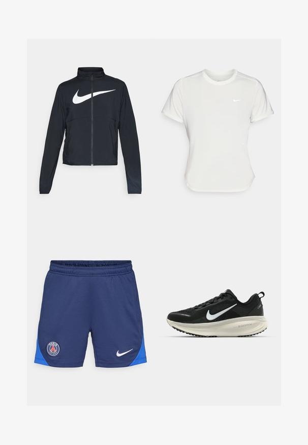 Chaqueta deportiva negra de cremallera completa con cuello alto, mangas largas y gran logo de Nike en blanco en el pecho.; Camiseta Nike en blanco, de manga corta, escote redondo, hecha de una tela suave y ligera. Presenta un logo sutil en el pecho.; Pantalones cortos deportivos azul marino con una cinturilla elástica, panel lateral en azul, logo de Nike en blanco y un logo redondo del PSG en el muslo izquierdo.; Zapatilla de running Nike negra con parte superior de malla transpirable, logo Swoosh blanco, detalles texturizados y una entresuela ZoomX de color crema.