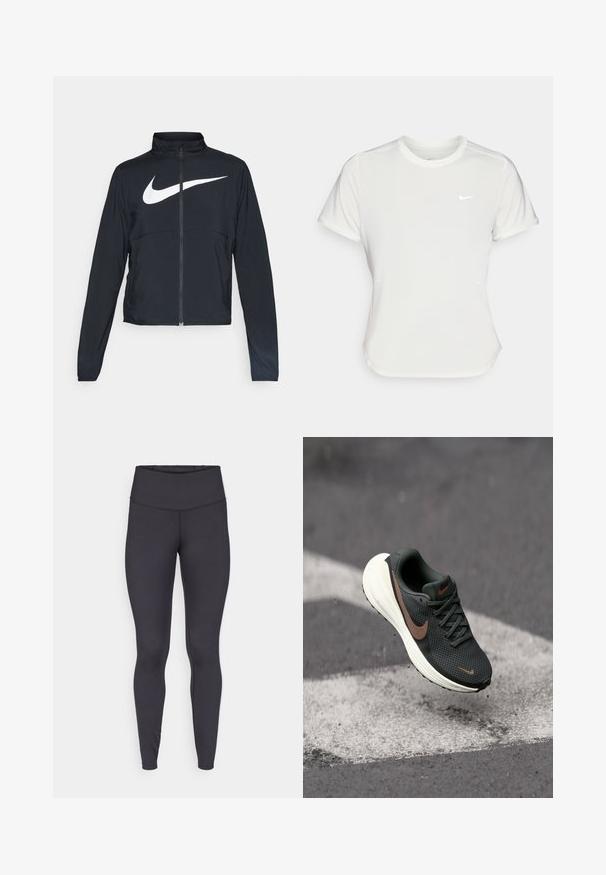 Čierna športová bunda na zips s vysokým golierom, dlhými rukávmi a veľkým bielym logom Nike na hrudi.; Biele tričko Nike s krátkym rukávom a okrúhlym výstrihom, vyrobené z hladkej a ľahkej látky. Na hrudi má nenápadné logo.; Čierne legíny s vysokým pásom vyrobené z elastického materiálu, s hladkou textúrou a úzkym strihom s minimálnymi švami.; Čierne bežecké topánky z jemnej sieťoviny s textúrovaným zvrškom, hnedým Nike swooshom a bielou vystlanou podrážkou, vo vzduchu nad šedým povrchom.