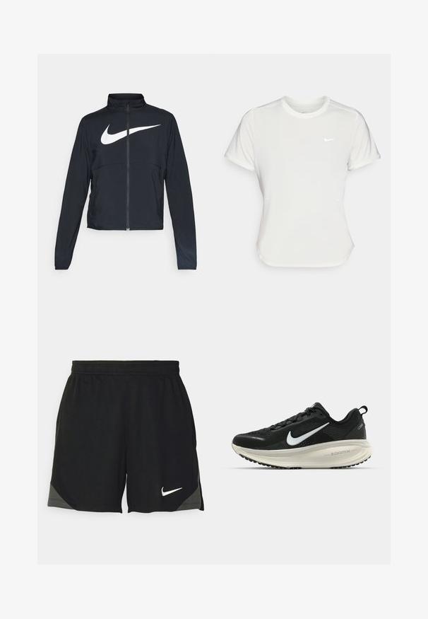 Crna sportska jakna s punim patentnim zatvaračem, visokim ovratnikom, dugim rukavima i velikim bijelim Nike swoosh logom preko grudi.; Nike majica u bijeloj boji, kratkih rukava, okruglog izreza, izrađena od glatkog, laganog materijala. Sadrži diskretni логотип na prsima.; Crne sportske kratke hlače od lagane tkanine, s teksturiranim uzorkom, elastičnim pojasom i bijelim Nike logotipom na rubu.; Crne Nike trkačke tenisice s prozračnom mrežastom gornjom konstrukcijom, bijelim swoosh logotipom, teksturiranim detaljima i kremastom ZoomX srednjom potplatnom jedinicom.