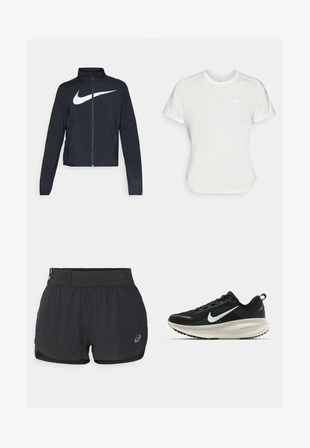 Černá sportovní bunda na zip s vysokým límcem, dlouhými rukávy a velkým bílým logem Nike swoosh přes prsa.; Bílá Nike tričko s krátkými rukávy, kulatým výstřihem, vyrobené z hladké, lehké tkaniny. Obsahuje decentní logo na hrudi.; Černé běžecké šortky s síťovaným pasem, hladkým povrchem, krátkou délkou a malým logem na spodní pravé straně.; Černá běžecká obuv Nike s prodyšným síťovaným svrškem, bílým logem swoosh, texturovanými detaily a krémovou mezipodešví ZoomX.