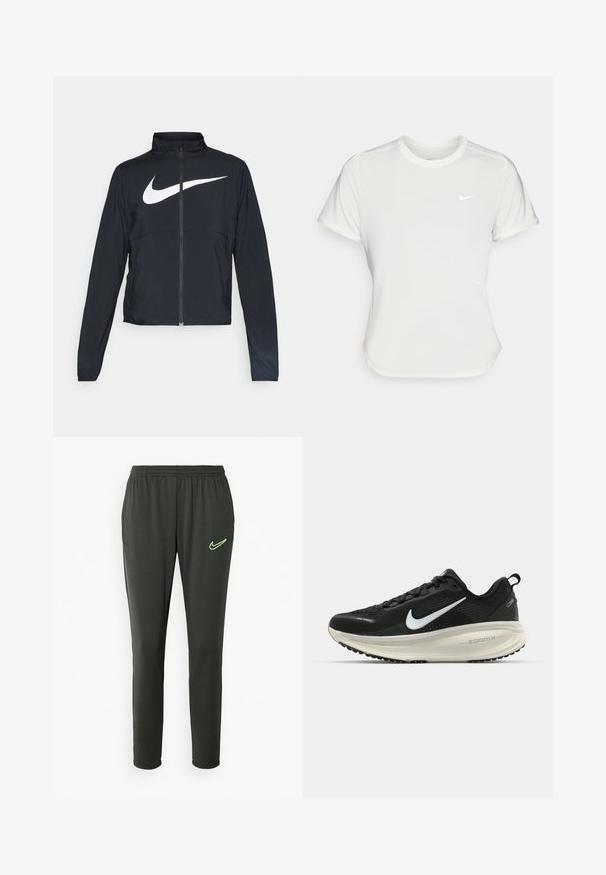Musta urheilutakki, jossa on täysivetoketju, korkea kaulus, pitkät hihat ja suuri valkoinen Nike-tikkauksella rintaosa.; Nike T-paita valkoisena, lyhythihaisena, pyöreällä kaula-aukolla, valmistettu sileästä, kevyestä kankaasta. Rinnassa on huomaamaton logo.; Nike-housut tummanharmaana, joissa on joustava vyötärö, kapenevat lahkeet ja neonvihreä logo vasemmassa reisissä.; Mustat Nike-juoksukengät, joissa on hengittävä verkko-osa, valkoinen swoosh-logo, teksturoitu yksityiskohtaus ja kermaisen värinen ZoomX-välipohja.
