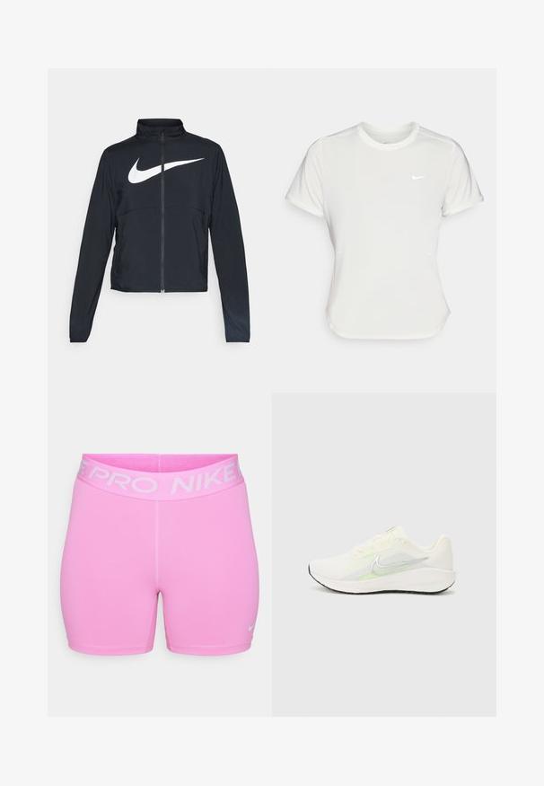 Giacca sportiva nera con zip completa, colletto alto, maniche lunghe e grande logo swoosh bianco Nike sul petto.; T-shirt Nike bianco, maniche corte, scollatura rotonda, realizzata in un tessuto morbido e leggero. Presenta un logo discreto sul petto.; Pantaloni corti Nike Pro di colore rosa brillante, realizzati in materiale sintetico liscio. Presentano una cintura larga con logo e un design aderente, con cuciture a contrasto.; Nike Performance DOWNSHIFTER 13 - Scarpe da corsa su strada - sail/silver-coloured photon dust/summit white/barely volt/black