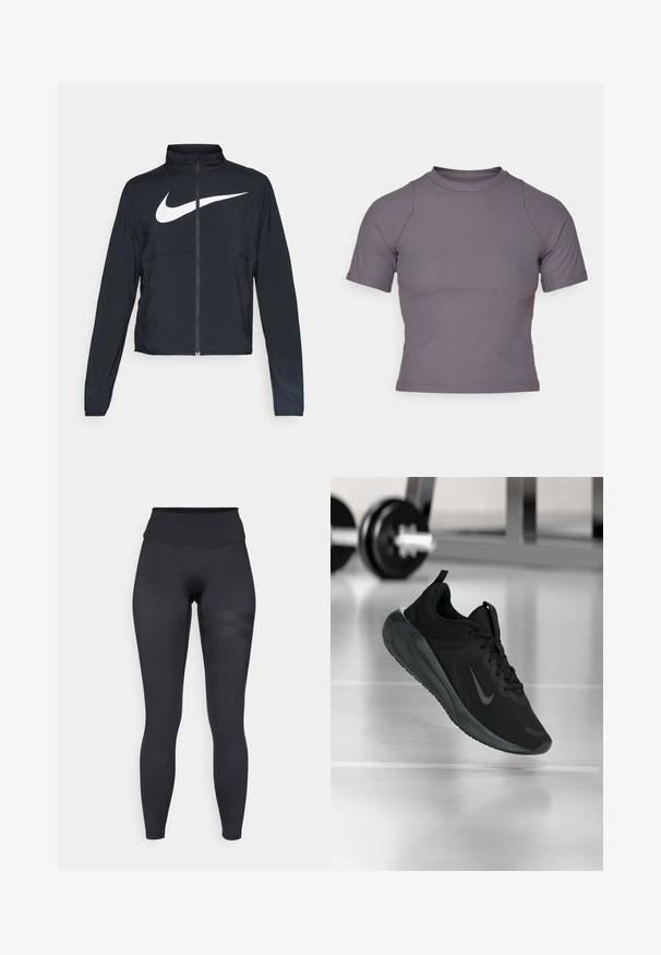 Crna sportska jakna s punim patentnim zatvaračem, visokim ovratnikom, dugim rukavima i velikim bijelim Nike swoosh logom preko grudi.; Majica kratkih rukava s visokim ovratnikom od rebrastog, sivog materijala. Prilagođeni dizajn s ravnim šavovima i glatkom teksturom. Nema uzoraka niti grafika.; Crne tajice s visokim strukom, s glatkom teksturom i suptilnim prugama na bedru za dodatni detalj.; Crna sportska tenisica s Nike logotipom, prikazana u zraku na podu teretane, s mutnom stalcem za bučice u pozadini.