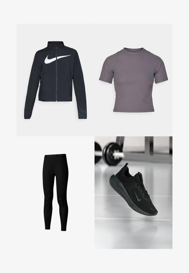 Chaqueta deportiva negra de cremallera completa con cuello alto, mangas largas y gran logo de Nike en blanco en el pecho.; Top de manga corta y cuello alto en tejido acanalado gris. Diseño ajustado con costuras planas y una textura suave. No presenta patrones ni gráficos.; The North Face W EASY TIGHTS - Leggings - tnf black; Zapatilla deportiva negra con el logo de Nike, mostrada en el aire sobre el suelo del gimnasio, con un soporte de mancuernas desenfocado en el fondo.