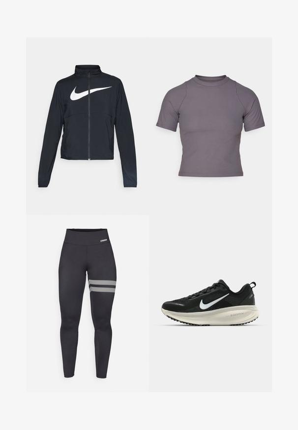 Black full-zip sports jacket with high collar, long sleeves, and large white Nike swoosh logo across the chest.; Short-sleeve, high-neck top in ribbed, gray fabric. Fitted design with flat seams and a smooth texture. No patterns or graphics present.; Black high-waisted athletic leggings with two white diagonal stripes on right thigh and small "STRONGER" logo on waistband.; Black Nike running shoe with breathable mesh upper, white swoosh logo, textured detailing, and a cream-colored ZoomX midsole.