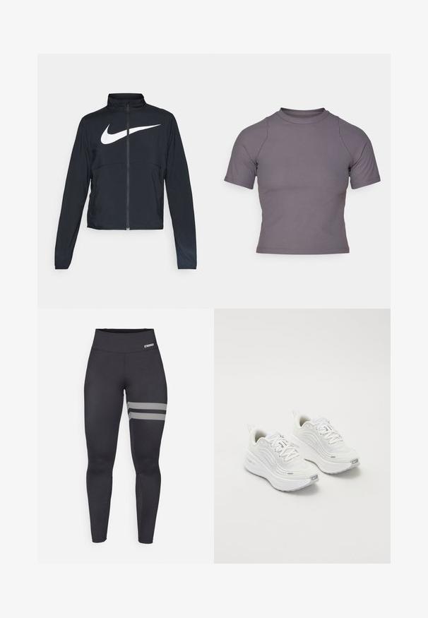 Čierna športová bunda na zips s vysokým golierom, dlhými rukávmi a veľkým bielym logom Nike na hrudi.; Tričko s krátkym rukávom a vysokým golierom z rebrovanej šedej tkaniny. Úzky strih s plochými švami a hladkou textúrou. Bez vzorov alebo grafiky.; Čierne športové legíny s vysokým pásom a dvoma bielymi diagonálnymi pruhmi na pravej stehne a malým logom "STRONGER" na páse.; Biele športové topánky s textúrovaným sieťovým zvrškom, polstrovanou podrážkou a jemnými šedými akcentmi. Obsahujú branding a slučkovú pätku pre jednoduché obúvanie.