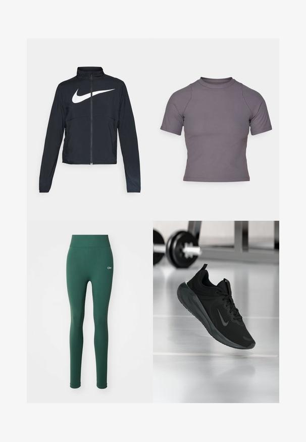 Veste de sport noire zippée sur toute la longueur avec un col haut, des manches longues et un grand logo Nike swoosh blanc sur la poitrine.; Haut à manches courtes et col montant en tissu gris côtelé. Design ajusté avec coutures plates et texture lisse. Pas de motifs ni de graphiques.; Leggings verts avec une texture lisse, taille haute et un discret logo à l'avant. Design ajusté et couverture pleine longueur.; Baskets de sport noires avec le logo Nike, montrées en l'air au-dessus d'un sol de gym, avec un rack de haltères flou en arrière-plan.