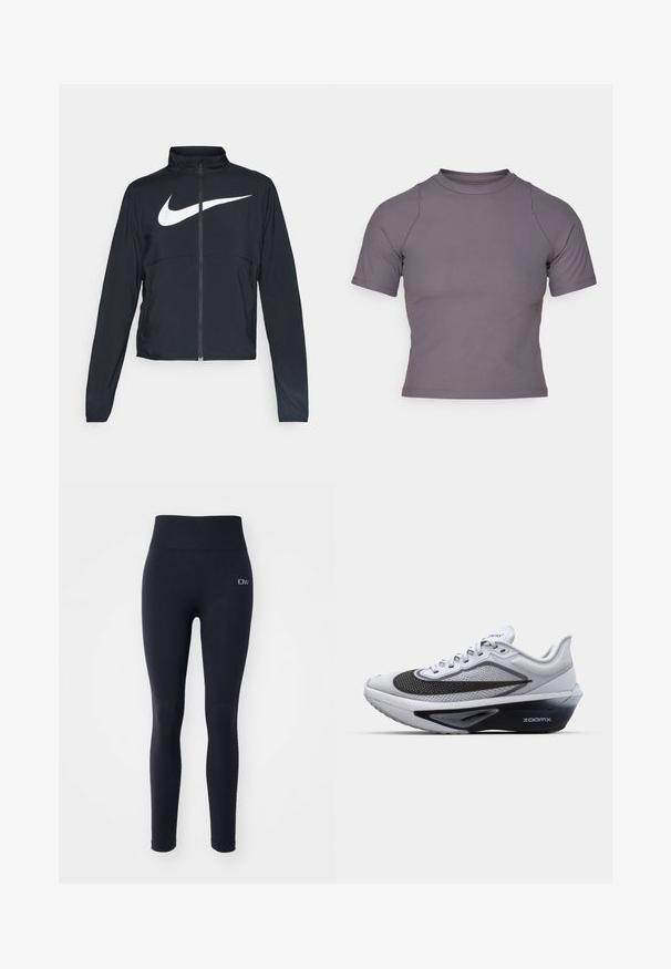 Jachetă sport neagră cu fermoar pe toată lungimea, guler înalt, mâneci lungi și un logo mare alb Nike swoosh pe piept.; Cămașă cu mâneci scurte și gât înalt dintr-un material gri în dungi. Design ajustat cu cusături plate și o textură netedă. Fără motive sau grafică.; Legging-uri navy fabricate dintr-un material elastic și moale, cu un brâu înalt. Prezintă un logo pe șoldul stâng și un design neted, curat.; Seducatoare albă de sport cu un superior din plasă, având un swoosh curbat de culoare neagră, talpă cu amortizare ZoomX și un design texturat pentru respirabilitate.