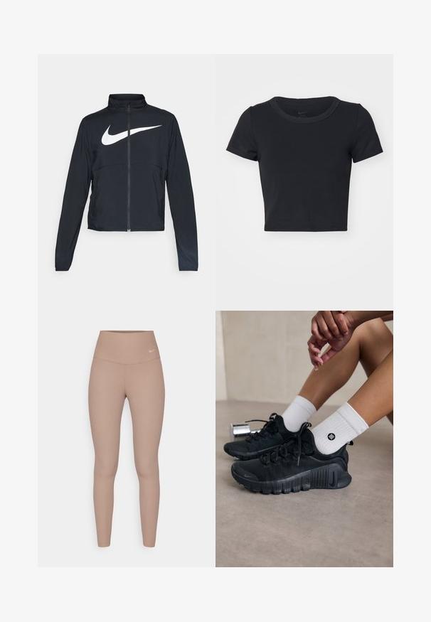 Zwarte sportjas met volledige rits, hoge kraag, lange mouwen en groot wit Nike swoosh-logo op de borst.; Zwart cropped T-shirt gemaakt van zachte, rekbare stof. Beschikt over een ronde halslijn en korte mouwen met een eenvoudig ontwerp.; Hoge taille, geribbelde legging in een lichtbruine kleur met een gladde tailleband en subtiele logo-detail op de heup, met een getailleerde silhouet.; Zwarte sport schoenen van een gestructureerde stof, met vetersluiting en een opvallende zool, gecombineerd met witte geribbelde sokken met een klein logo.