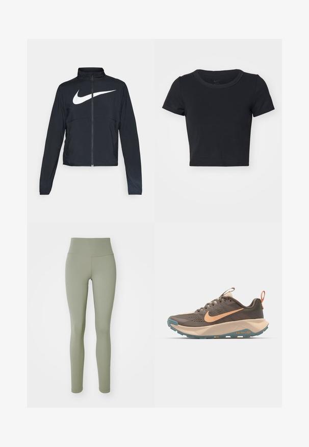 Zwarte sportjas met volledige rits, hoge kraag, lange mouwen en groot wit Nike swoosh-logo op de borst.; Zwart cropped T-shirt gemaakt van zachte, rekbare stof. Beschikt over een ronde halslijn en korte mouwen met een eenvoudig ontwerp.; Olijfgroene legging met een hoge tailleband, een gladde textuur en een nauwsluitend ontwerp. Kenmerkt zich door naadloze stiksels en geen zichtbare hardware.; Nike Performance REACTX WILDHORSE 10 - Trail hardloopschoenen - brown/orange chalk/cave stone/cannon/pearl white