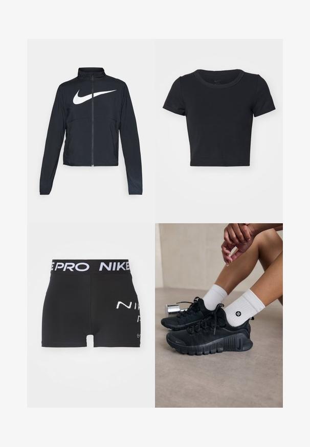 Fekete, teljes cipzáros sportdzseki magas gallérral, hosszú ujjal, amelyen egy nagy, fehér Nike logó található a mellkason.; Fekete, rövid fazonú póló, puha, rugalmas anyagból készült. Kerek nyakkivágással és rövid ujjakkal rendelkezik, egyszerű dizájnnal.; Fekete sportos rövidnadrág, formázott kialakítással, rugalmas derékpánttal, amelyen a "NIKE PRO" felirat található, és fehér márkajelzés az oldalon. Sima textúra, rövid hossz.; Fekete sportcipők texturált anyagból, fűzős kialakítással és hangsúlyos talppal, fehér bordás zoknikkal párosítva, melyek kis logóval rendelkeznek.