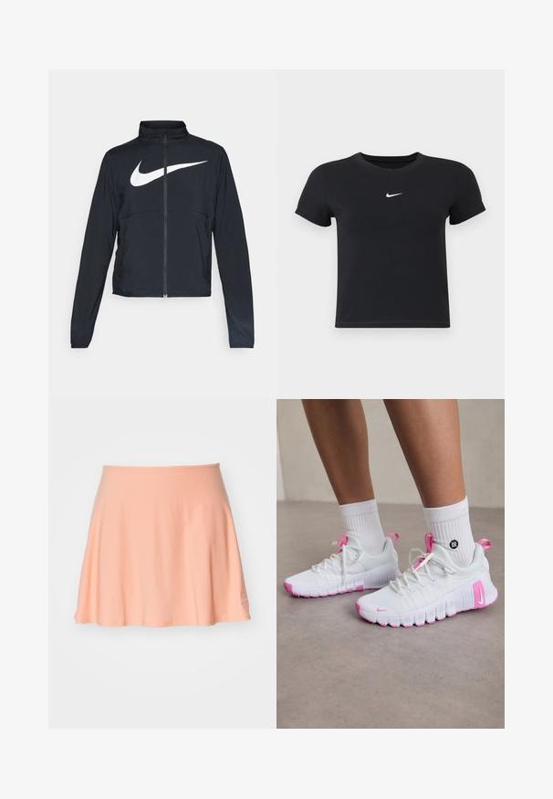 Jachetă sport neagră cu fermoar pe toată lungimea, guler înalt, mâneci lungi și un logo mare alb Nike swoosh pe piept.; Tricou negru cu mânecă scurtă, din bumbac, cu decolteu rotund. Prezintă un logo alb Nike pe piept, design minimalist și croială ajustată.; Fustă sport de culoare piersiciu, realizată dintr-un material elastic, cu un design evazat și un logo mic pe partea de jos. Textură netedă.; Pantofi de sport albi cu accente roz, design aerodinamic, partea superioară din plasă texturată și o talpă din cauciuc flexibilă. Include logo și bandă de prindere.