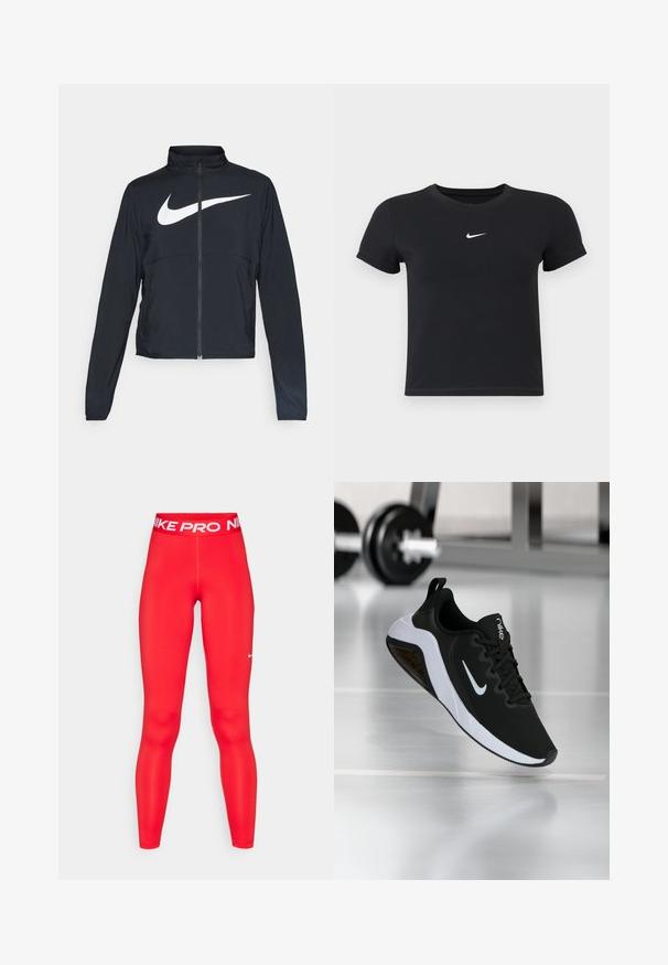 Veste de sport noire zippée sur toute la longueur avec un col haut, des manches longues et un grand logo Nike swoosh blanc sur la poitrine.; T-shirt noir à manches courtes en coton avec un col rond. Présente un logo Nike blanc sur la poitrine, un design minimaliste et une coupe ajustée.; Les leggings Nike Pro rouges présentent une taille haute avec un logo blanc, un tissu lisse et extensible, et un design ajusté qui épouse les formes des jambes.; Chaussure de sport noire avec une tige en maille, semelle blanche et logo Nike. Elle présente un bout arrondi et des accents texturés. Flottant au-dessus d'un sol de gym.