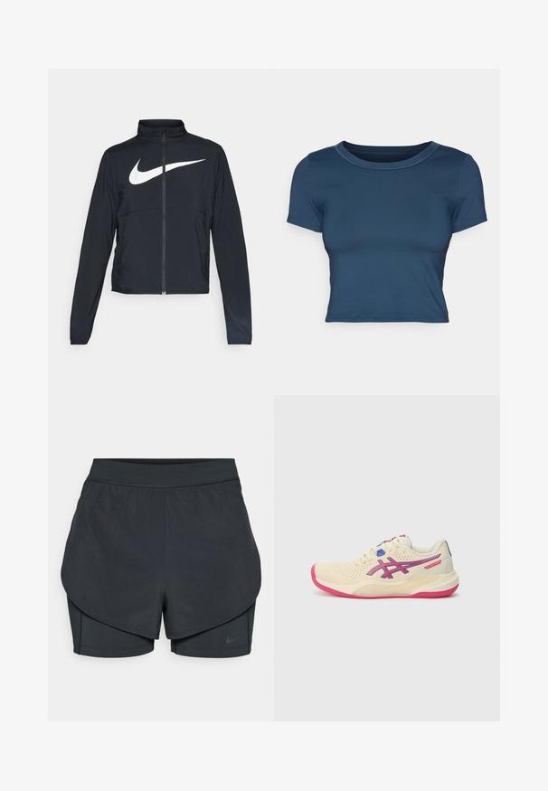Melnā sporta jaka ar pilnu rāvējslēdzēju, augstu apkakli, garām piedurknēm un lielu baltu Nike swoosh logotipu krūšu daļā.; Jūras zila īsā T-kreklu izgatavota no gludas, elastīgas auduma. Tam ir apaļa kakla izgriezums un īsas piedurknes ar vienkāršiem šūšanas elementiem.; Melnas sporta šortus ar slāņotu dizainu, kas ietver gludu ārējo slāni un pieguļošus iekšējos šortus. Izgatavoti no viegla, elastīga auduma.; Krēmbalti sporta apavi ar rozā zoli, ziliem un violetiem akcentiem, perforētu augšdaļu un noapaļotu purngali.