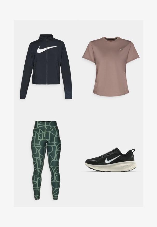 Giacca sportiva nera con zip completa, colletto alto, maniche lunghe e grande logo swoosh bianco Nike sul petto.; Maglietta atletica marrone con colletto rotondo, maniche corte e dettagli con fessure laterali sottili. Presenta un piccolo logo riflettente Nike sul petto.; Leggings verdi a vita alta con un motivo geometrico in toni tenui. Realizzati in un tessuto elastico e liscio con una silhouette aderente.; Scarpa da corsa nera Nike con tomaia in rete traspirante, logo Swoosh bianco, dettagli testurizzati e intersuola ZoomX di colore crema.