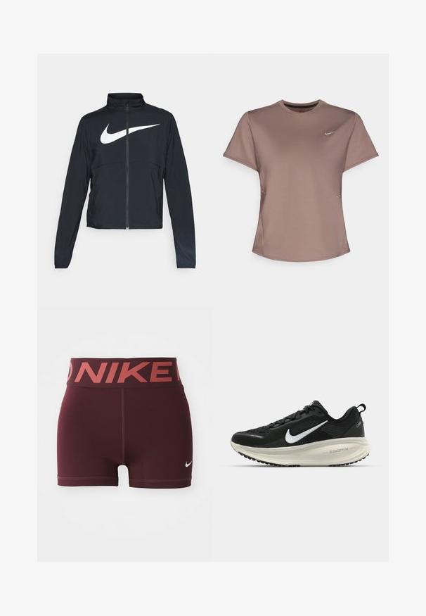Casaco desportivo preto com fecho éclair completo, gola alta, mangas longas e grande logótipo branco da Nike na parte frontal.; T-shirt desportivo castanho com decote arredondado, mangas curtas e detalhes sutis nas laterais. Apresenta um pequeno logo refletivo da Nike no peito.; Calções desportivos burgundy com uma cinta larga que apresenta o logótipo "NIKE" em vermelho contrastante. Feitos de um material liso e elástico.; Sapatilha de corrida Nike preta com parte superior de malha respirável, logotipo Swoosh branco, detalhes texturizados e uma entressola ZoomX na cor creme.