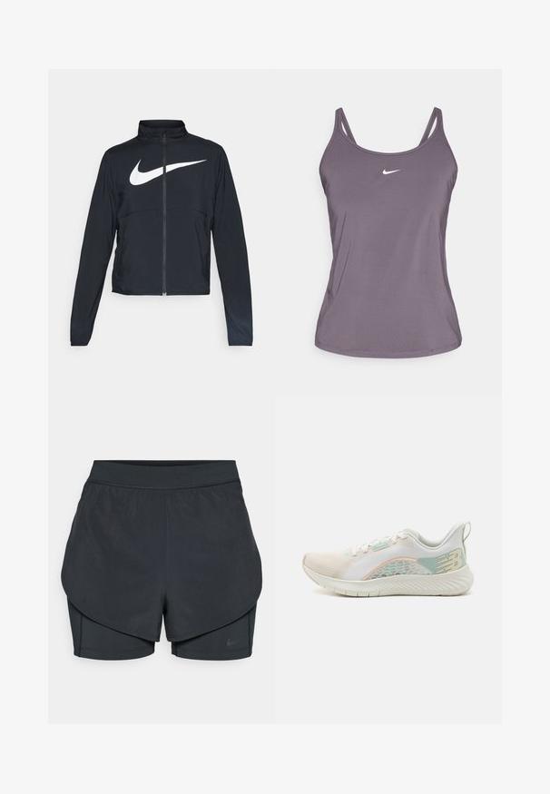 Sort fuld-zip sportsjakke med høj krave, lange ærmer og stort hvidt Nike swoosh-logo på brystet.; Lilla atletisk tank top med tynde stropper og rund halsudskæring, prydet med et lille hvidt Nike-logo på brystet. Glat tekstur.; Sorte atletiske shorts med et lagdelt design, der har et glat yderlag og tætsiddende indershorts. Lavet af letvægts, strækbart stof.; Sko med en lys beige og hvid overdel, der har en tekstureret mintgrøn accent og en blød, polstret sål med bølgemønstre.