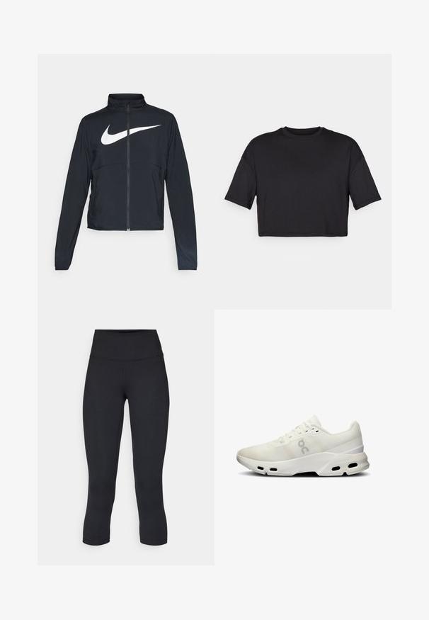 Chaqueta deportiva negra de cremallera completa con cuello alto, mangas largas y gran logo de Nike en blanco en el pecho.; Camiseta negra corta hecha de tejido suave, con un escote redondo y mangas cortas y amplias, con un diseño simple y sin costuras.; Leggings negros cortos hechos de tela elástica, con una cintura alta y una textura suave, sin patrones o herrajes visibles.; Zapato deportivo blanco con parte superior de malla, collar acolchado y detalles texturizados; cuenta con una suela Cloudtec con agujeros de ventilación para transpirabilidad.