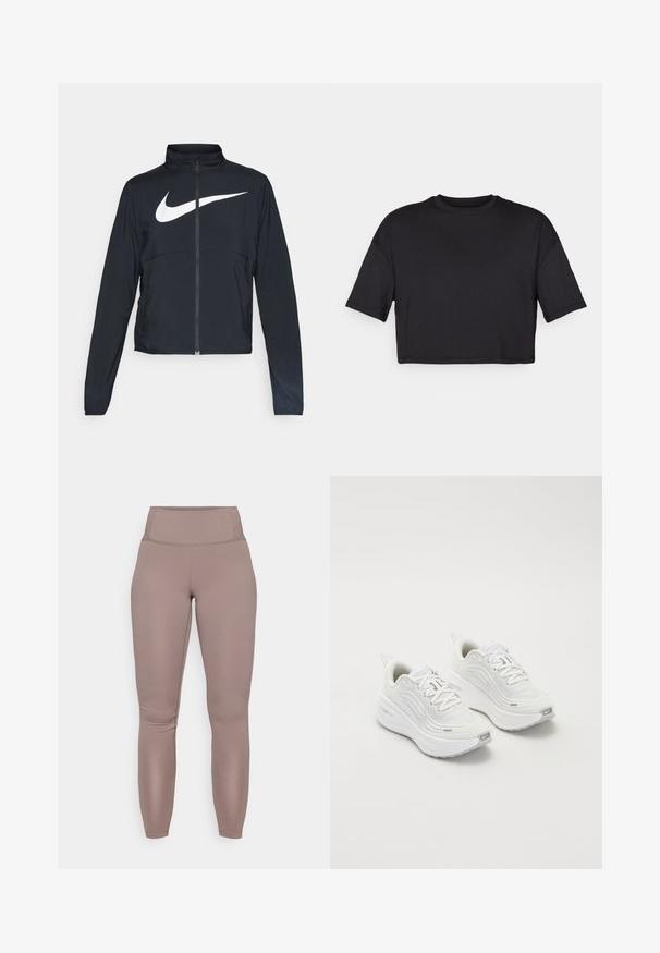 Sort fuld-zip sportsjakke med høj krave, lange ærmer og stort hvidt Nike swoosh-logo på brystet.; Sort cropped t-shirt lavet af blødt stof, med en rund halsudskæring og korte, brede ærmer, med et enkelt, sømløst design.; Højtaljede, tætsiddende leggings i en ensfarvet taupe farve, med glat, strækbart stof og et rent, sømløst design.; Hvide sportssko med en struktureret mesh-overdel, polstret sål og subtile grå accenter. Inkluderer branding og en løkke i hælen for nem påtagning.