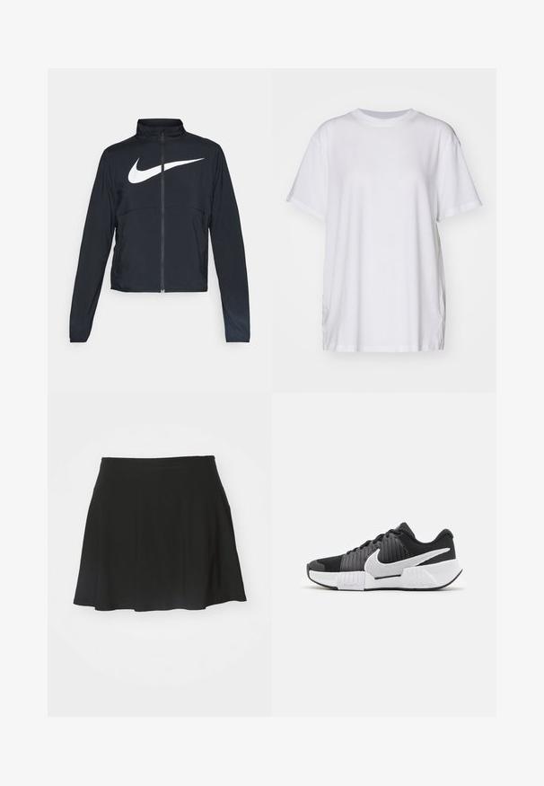 Crna sportska jakna s punim patentnim zatvaračem, visokim ovratnikom, dugim rukavima i velikim bijelim Nike swoosh logom preko grudi.; Bjela oversized majica od pamuka, s krojem oko vrata, kratkim rukavima i bočnim prorezima za opušteni izgled. Glatka tekstura.; Crna suknja za klizanje napravljena od mekanog materijala, s lepršavim dizajnom, širokim pojasom i glatkom teksturom, bez vidljivih uzoraka ili metalnih detalja.; Crne i bijele atletske tenisice s teksturiranim gornjištem, istaknutim Nike logom te kontrastnim dizajnom potplata za poboljšano prianjanje i stabilnost.