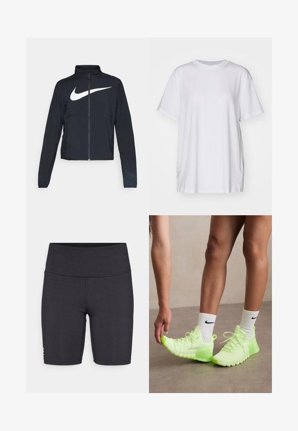 Schwarze Sportjacke mit vollem Reißverschluss, hohem Kragen, langen Ärmeln und großem weißen Nike-Swoosh-Logo auf der Brust.; Weißes, übergroßes T-Shirt aus Baumwolle mit Rundhalsausschnitt, kurzen Ärmeln und seitlichen Schlitzen für eine entspannte Passform. Glatte Textur.; Schwarze Sportshorts aus dehnbarem Material mit hohem Bund und flachen Nähten. Für Komfort und Beweglichkeit konzipiert.; Neon grüne Sportschuhe mit strukturierten Sohlen, Schnürdesign und einem weißen Nike-Logo an der Seite. Getragen mit weißen Socken mit schwarzen Akzenten.