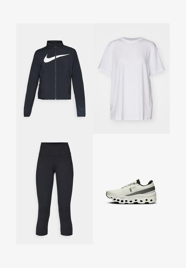 Giacca sportiva nera con zip completa, colletto alto, maniche lunghe e grande logo swoosh bianco Nike sul petto.; T-shirt bianco oversize in cotone, con colletto a girocollo, maniche corte e spacchi laterali per una vestibilità rilassata. Texture liscia.; Leggings cropped neri realizzati in tessuto elasticizzato, con vita alta e texture liscia, senza motivi o componenti visibili.; Scarpa atletica bianca con tomaia in maglia testurizzata, striscia grigia e suola spessa e ammortizzata con fori esagonali per la flessibilità.