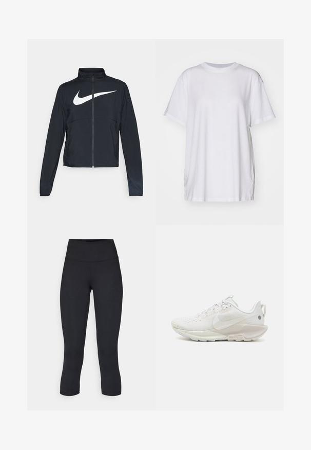 Veste de sport noire zippée sur toute la longueur avec un col haut, des manches longues et un grand logo Nike swoosh blanc sur la poitrine.; T-shirt blanc oversize en coton, avec un col rond, des manches courtes et des fentes sur les côtés pour un ajustement décontracté. Texture lisse.; Leggings noirs coupés en tissu extensible, avec une taille haute et une texture lisse, sans motifs ni éléments visibles.; Nike Performance REACTX PEGASUS 5 - Chaussures de running - summit white/sail/light orewood brown