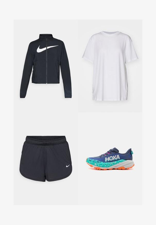 Must musta täispikk vary hoodie kõrge krae, pikad varrukad ja suur valge Nike swooshi logo rinnal.; Valge suuruses T-särk, mis on valmistatud puuvillast, millel on ümmargune kaelus, lühikesed varrukad ja külgmised lõhenemised mugava istuvuse tagamiseks. Sile tekstuur.; Mustad sportlikud lühikesed püksid elastse vöökohaga, millel on spordilik disain ja valge Nike logo alumisel esiküljel. Kootud kangas.; HOKA SPEEDGOAT 6 - Metsajooksu tossud - varsity blue/meteor