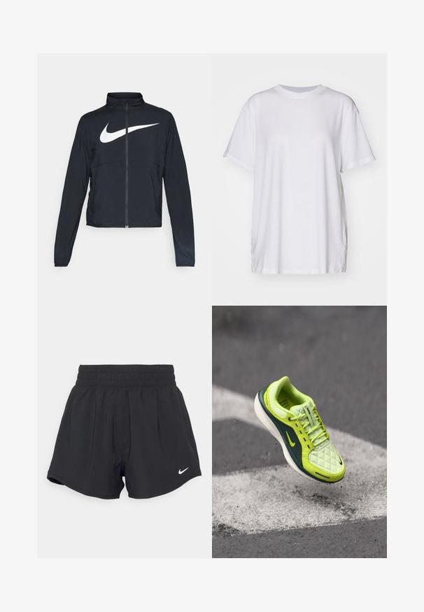 Casaco desportivo preto com fecho éclair completo, gola alta, mangas longas e grande logótipo branco da Nike na parte frontal.; Camiseta oversized branca feita de algodão, com decote redondo, mangas curtas e rachas laterais para um ajuste descontraído. Textura suave.; Calções desportivos pretos com um cós elástico, textura suave e um pequeno logótipo branco da Nike no lado inferior direito.; Sapatilha verde-lima com parte superior acolchoada, detalhes em verde-escuro, sola branca e o swoosh da Nike em preto visível; apresenta design com atacadores e superfície texturizada.