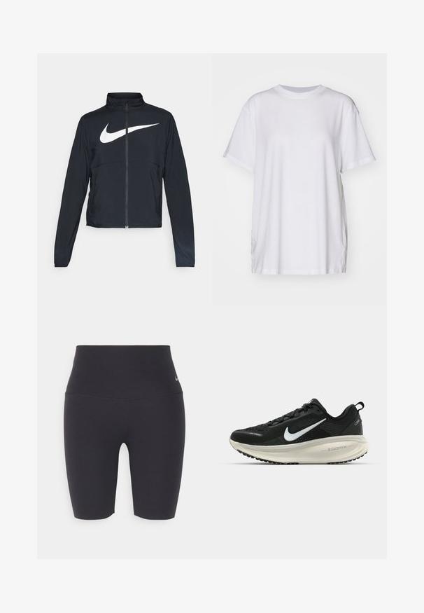 Fekete, teljes cipzáros sportdzseki magas gallérral, hosszú ujjal, amelyen egy nagy, fehér Nike logó található a mellkason.; Fehér, nagyméretű pamut póló, kerek nyakkivágással, rövid ujjakkal és oldalsó hasítékokkal a laza illeszkedés érdekében. Simma textúra.; Fekete sportos kerékpáros rövidnadrág rugalmas anyagból, magas derékkal, sima textúrával és egy kis logóval a bal csípőn.; Fekete Nike futócipő légáteresztő hálós felsőrésszel, fehér Swoosh logóval, textúrázott részletekkel és krém színű ZoomX középtalppal.