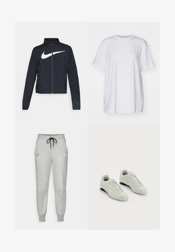 Melnā sporta jaka ar pilnu rāvējslēdzēju, augstu apkakli, garām piedurknēm un lielu baltu Nike swoosh logotipu krūšu daļā.; Balts oversize T-krekls izgatavots no kokvilnas, ar apaļu kakla izgriezumu, īsām piedurknēm un sānu šķelumiem, lai nodrošinātu brīvu piegriezumu. Gluda tekstūra.; Gai pelēki sporta bikses ar melnu auklu, elastīgiem aproces, FC Barcelona logo uz kreisā augšstilba un neona Nike swoosh uz labā augšstilba.; Baltie Nike sporta apavi ar teksturētu virsu, kas izceļas ar gludu pirkstu daļu un melniem mīkstināšanas akcentiem. Saistāmā stila ar pastiprinātu papēdi.