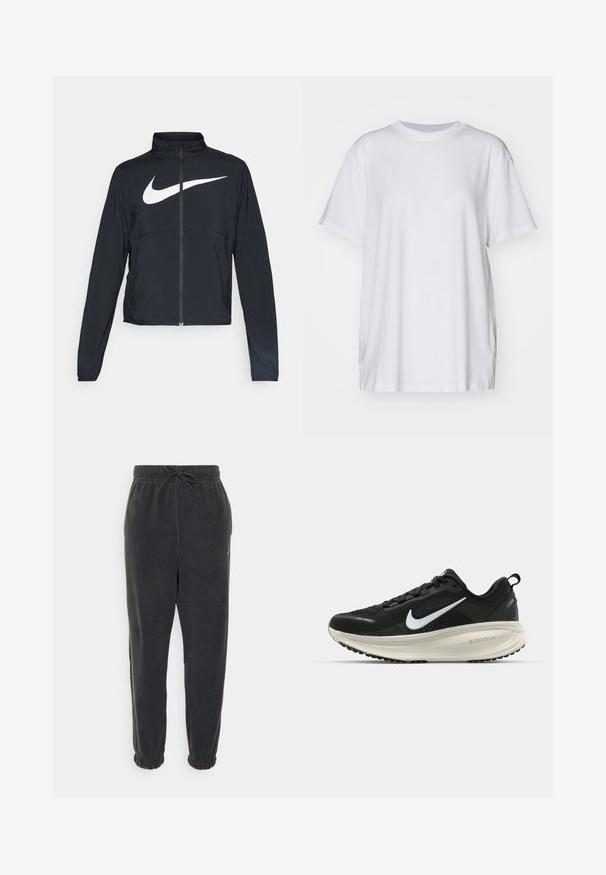 Melnā sporta jaka ar pilnu rāvējslēdzēju, augstu apkakli, garām piedurknēm un lielu baltu Nike swoosh logotipu krūšu daļā.; Balts oversize T-krekls izgatavots no kokvilnas, ar apaļu kakla izgriezumu, īsām piedurknēm un sānu šķelumiem, lai nodrošinātu brīvu piegriezumu. Gluda tekstūra.; Nike Performance ONE PANT POLAR - Treniņtērpa apakšdaļas - black/pale ivory; Melnas Nike skriešanas kurpes ar elpojošu acs augšdaļu, baltu Swoosh logotipu, strukturētu apdari un krēmkrāsas ZoomX starpsole.