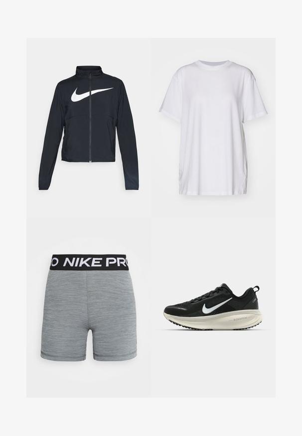 Svart joggebund med hel glidelås, høy krage, lange ermer og stort hvitt Nike swoosh-logo over brystet.; Hvit oversized t-skjorte laget av bomull, med rund hals, korte ermer og sidesliss for en avslappet passform. Glatt tekstur.; Nike Performance SHORT - Tights - smoke grey heather/black; Svart Nike løpesko med pustende mesh-overdel, hvit swoosh-logo, teksturert detaljer og en kremfarget ZoomX mellomsåle.