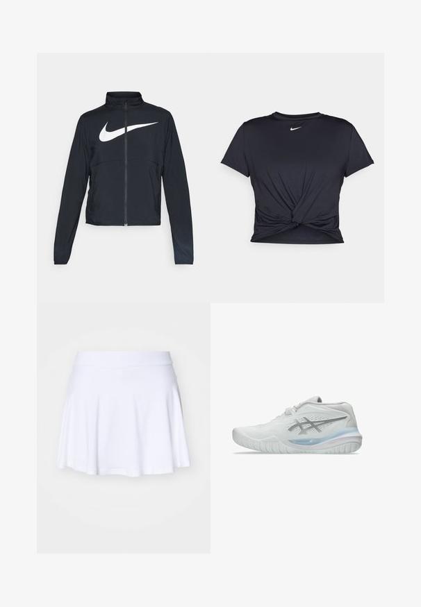 Černá sportovní bunda na zip s vysokým límcem, dlouhými rukávy a velkým bílým logem Nike swoosh přes prsa.; Černé sportovní tričko vyrobené z hladkého materiálu, s uzlovým designem vpředu a malým bílým logem Nike na hrudi.; Bílá skládací sukně z měkké, elastické tkaniny s širokým pasem. Má rozšířený střih a hladký lem.; Bílé sportovní boty s texturovaným svrškem, vybavené průhlednou modrou podrážkou a decentním šedým logem po straně. Zaoblená špička a nízký profil.