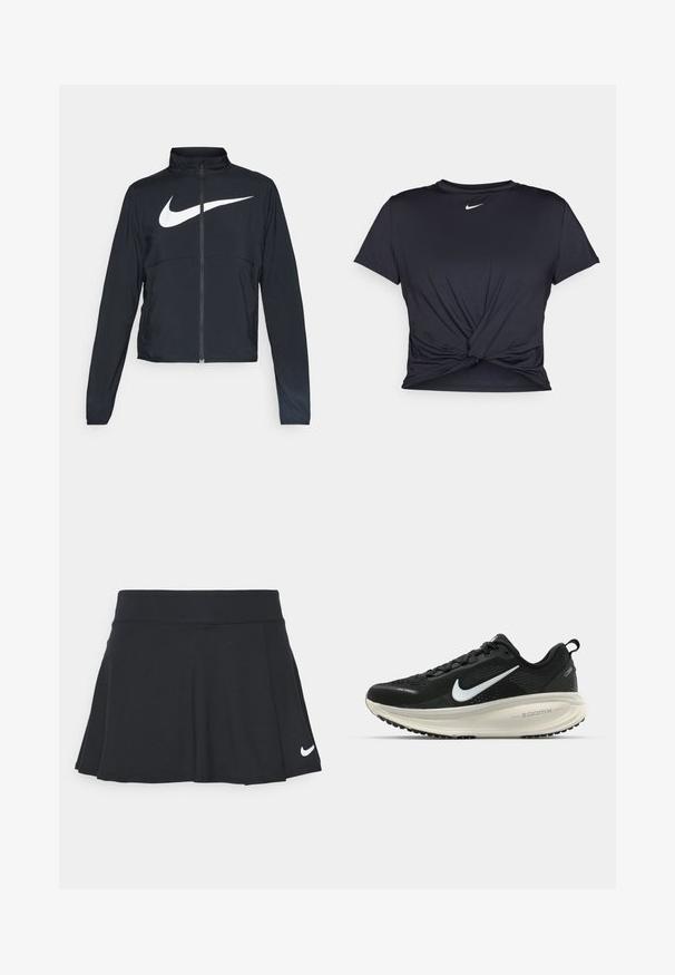Μαύρο σπορ μπουφάν με πλήρη φερμουάρ, ψηλό λαιμό, μακριά μανίκια και μεγάλο λευκό logo Nike στον θώρακα.; Μαύρη αθλητική μπλούζα φτιαγμένη από λείο ύφασμα, με σχέδιο μπροστινού κόμπου και μικρό λευκό λογότυπο Nike στο στήθος.; Nike Performance FLOUNCY - Αθλητική φούστα - black/white; Μαύρο αθλητικό παπούτσι Nike με αναπνεύσιμο μανίκι από ύφασμα, λευκό λογότυπο swoosh, ανάγλυφη λεπτομέρεια και μεσαία σόλα ZoomX σε κρέμα απόχρωση.