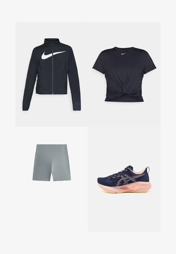 Črna športna jakna z polnim zadrgo, visokim ovratnikom, dolgimi rokavi in velikim belim logotipom Nike swoosh čez prsi.; Črna atletska majica iz gladkega materiala, z vozlanim sprednjim delom in majhnim belim logotipom Nike na prsih.; Atletske kratke hlače v svetlo sivi barvi, narejene iz elastičnega blaga, z visokim pasom in preprostim, gladkim dizajnom brez dodatnih vzorcev.; Mornarsko modri tekaški čevlji z mrežastim zgornjim delom, roza detajli in zelenim podplatom. Imajo značilno oblikovan podplat in vezalni dizajn.