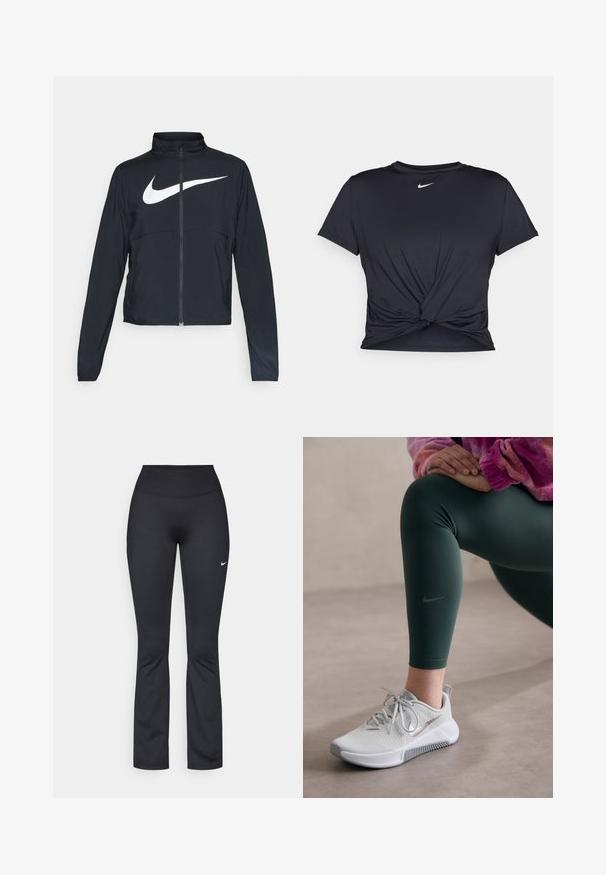 Černá sportovní bunda na zip s vysokým límcem, dlouhými rukávy a velkým bílým logem Nike swoosh přes prsa.; Černé sportovní tričko vyrobené z hladkého materiálu, s uzlovým designem vpředu a malým bílým logem Nike na hrudi.; Černé sportovní legíny s vysokým pasem, vyrobené z hladké, elastické tkaniny. Na levém stehně je malý bílý logo Nike.; Běžecké boty Nike ve světle šedé barvě s texturovaným svrškem, šedými akcenty a bílou podrážkou, doplněné tmavě zelenými legínami s logem.