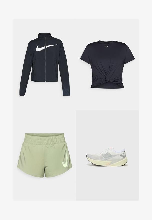 Zwarte sportjas met volledige rits, hoge kraag, lange mouwen en groot wit Nike swoosh-logo op de borst.; Zwarte sportieve T-shirt van gladde stof, met een geknoopt ontwerp aan de voorkant en een klein wit Nike-logo op de borst.; Lichtgroene sportshorts met een elastische tailleband, met een opvallend wit Nike swoosh-logo aan de onderzijde aan de rechterkant.; Lichte hardloopschoen met een grijs en wit mesh bovenwerk, een opvallend 'N' logo en een gele tussenzool met schuine accenten. Zwarte buitenzool.