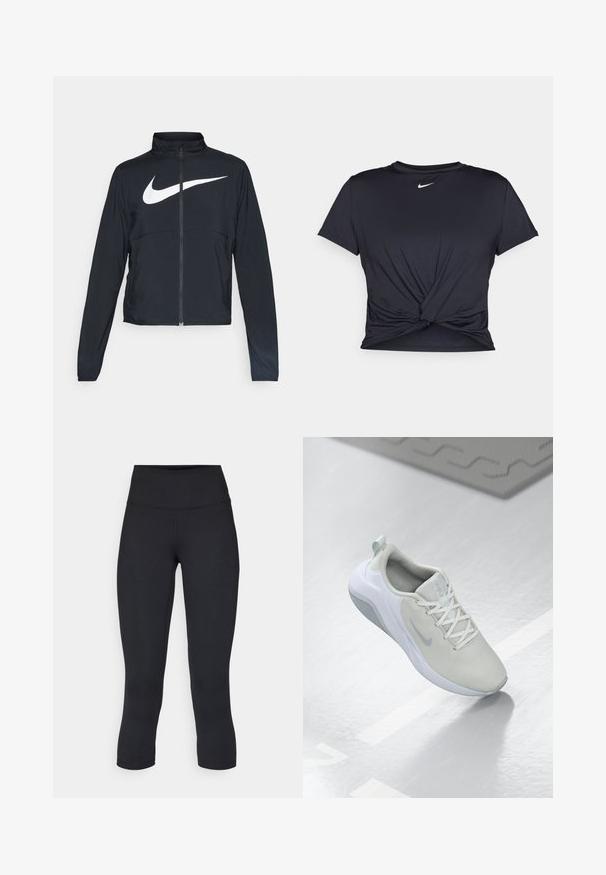 Zwarte sportjas met volledige rits, hoge kraag, lange mouwen en groot wit Nike swoosh-logo op de borst.; Zwarte sportieve T-shirt van gladde stof, met een geknoopt ontwerp aan de voorkant en een klein wit Nike-logo op de borst.; Zwarte cropped leggings van rekbaar materiaal, met een hoge tailleband en een gladde textuur, zonder zichtbare patronen of hardware.; Lichtgrijze sportief schoen met een mesh bovenstuk, cirkelpatroon, witte accenten, platte veters en een gestructureerde zool voor grip.