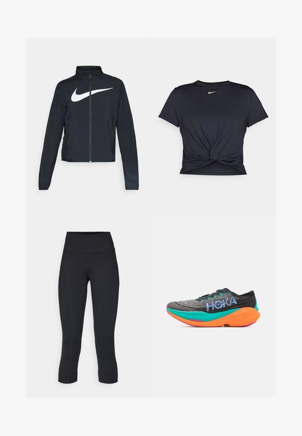 Veste de sport noire zippée sur toute la longueur avec un col haut, des manches longues et un grand logo Nike swoosh blanc sur la poitrine.; T-shirt de sport noir en tissu lisse, avec un design avant noué et un petit logo Nike blanc sur la poitrine.; Leggings noirs coupés en tissu extensible, avec une taille haute et une texture lisse, sans motifs ni éléments visibles.; HOKA MACH X 2 - Chaussures de running sur route - black/electric aqua