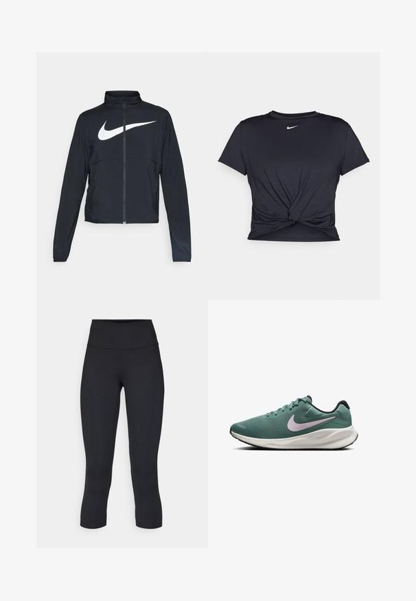 Chaqueta deportiva negra de cremallera completa con cuello alto, mangas largas y gran logo de Nike en blanco en el pecho.; Camiseta atlética negra hecha de tela suave, con un diseño de nudo en la parte delantera y un pequeño logo blanco de Nike en el pecho.; Leggings negros cortos hechos de tela elástica, con una cintura alta y una textura suave, sin patrones o herrajes visibles.; Zapatilla de running de malla verde con una suela blanca y negra. Cuenta con un logotipo de Nike en púrpura claro y un upper texturizado para mayor transpirabilidad.