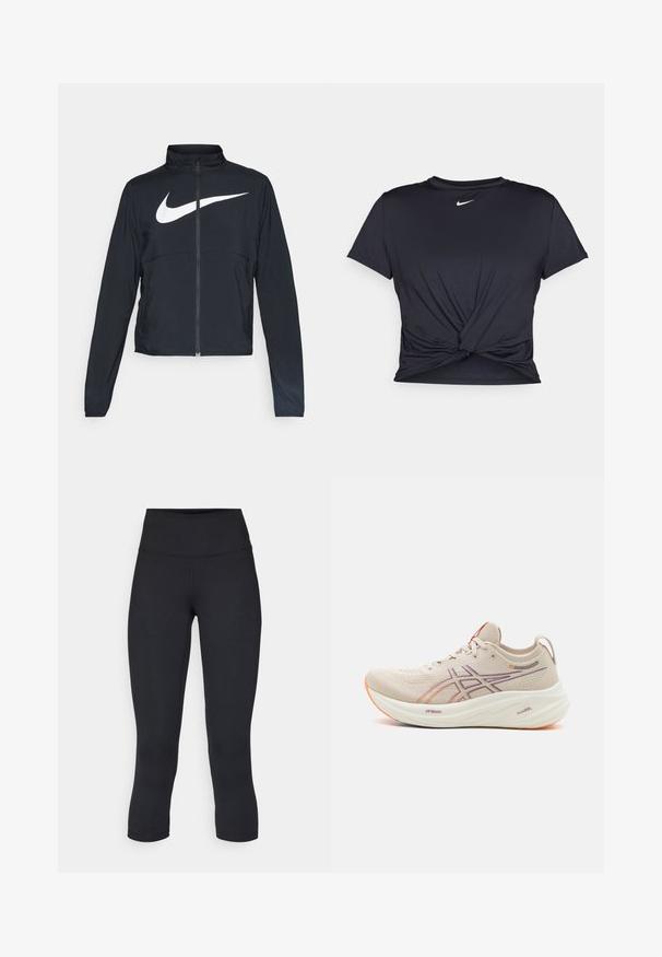 Crna sportska jakna s punim patentnim zatvaračem, visokim ovratnikom, dugim rukavima i velikim bijelim Nike swoosh logom preko grudi.; Crni trenirac s kratkim rukavima izrađen od glatkog materijala, s čvorastim dizajnom sprijeda i malim bijelim Nike logotipom na prsima.; Crne skraćene tajice od rastezljivog materijala, s visokim strukom i glatkom teksturom, bez vidljivih uzoraka ili dodataka.; ASICS GEL-NIMBUS 26 - Tenisice za cestovno trčanje - oatmeal/faded orange
